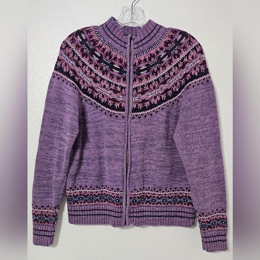 Tiara International Fair Isle Zip Cardigan Sweater Purple Boho Nordic Medium